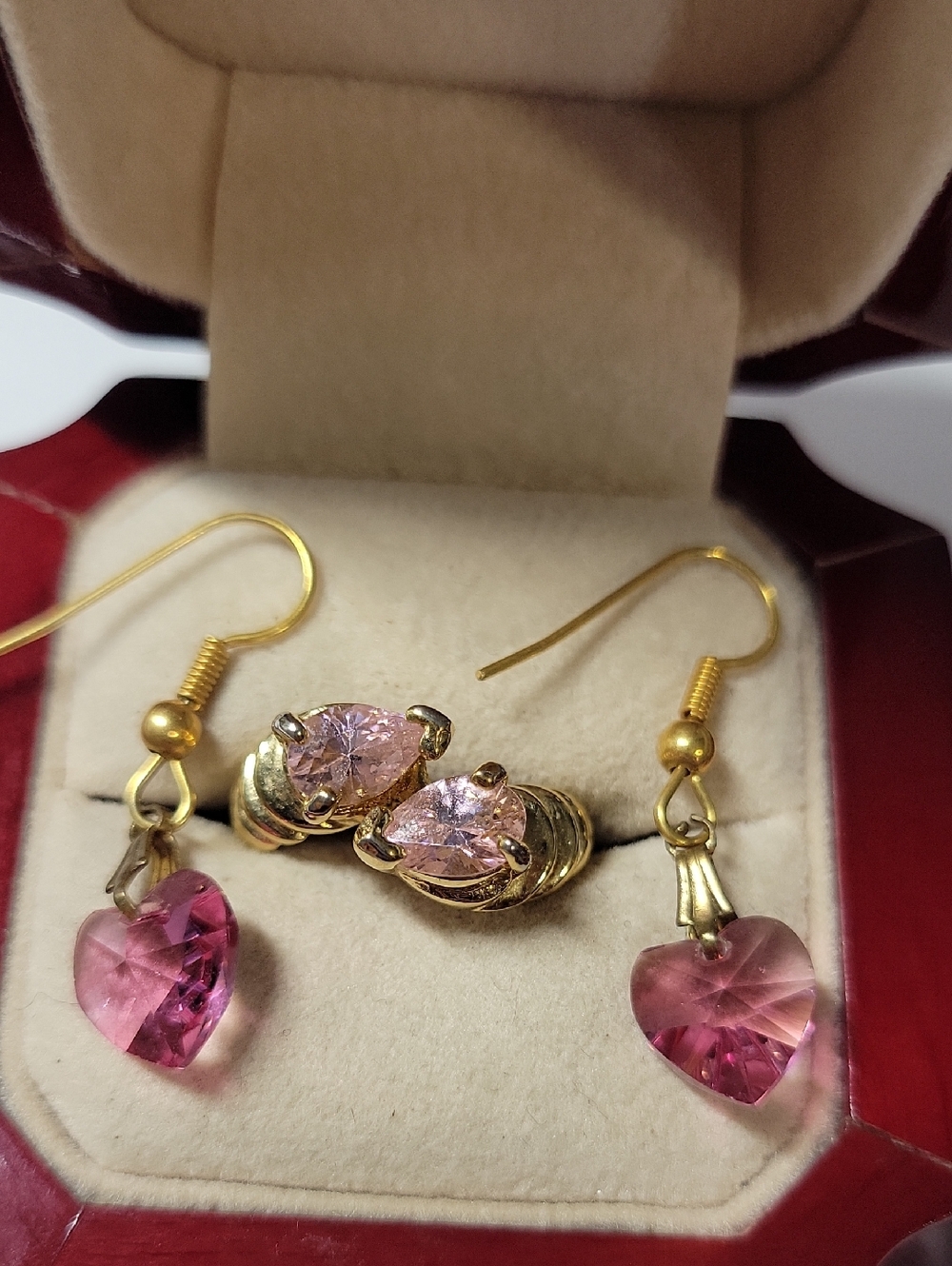 Pink Heart Drop Earrings and Stud Set - Gold Tone